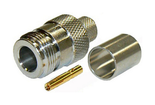 N-type female solder pin, crimp connector for RG213 stranded core, solid PE dielectric coaxial cable, DC-11 GHz, 50 Ohms – tri-metal plated